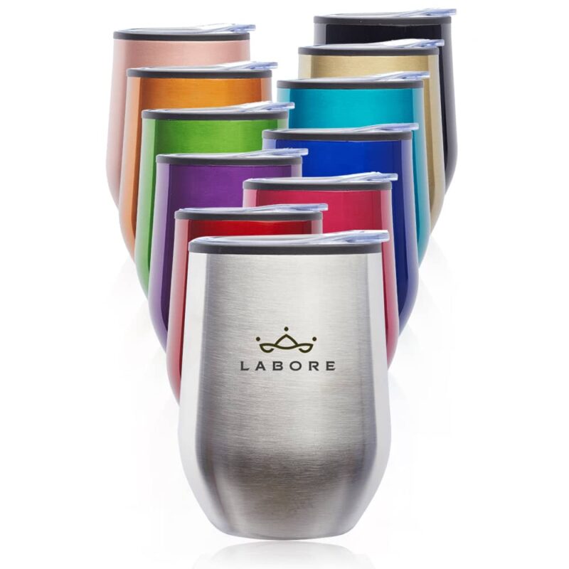 Custom 12 oz metallic stemless travel mug. Available Colors: Black, Blue, Fuchsia, Gold, Orange, Red, Purple, Rose Gold, Silver, Teal, and Lime Green