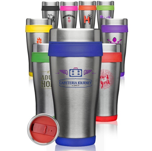 Custom 16 oz Formula One Travel Mug. Available Accent Colors: Black, Blue, Green, Orange, Red, Pink, Purple, Yellow, and Lime Green