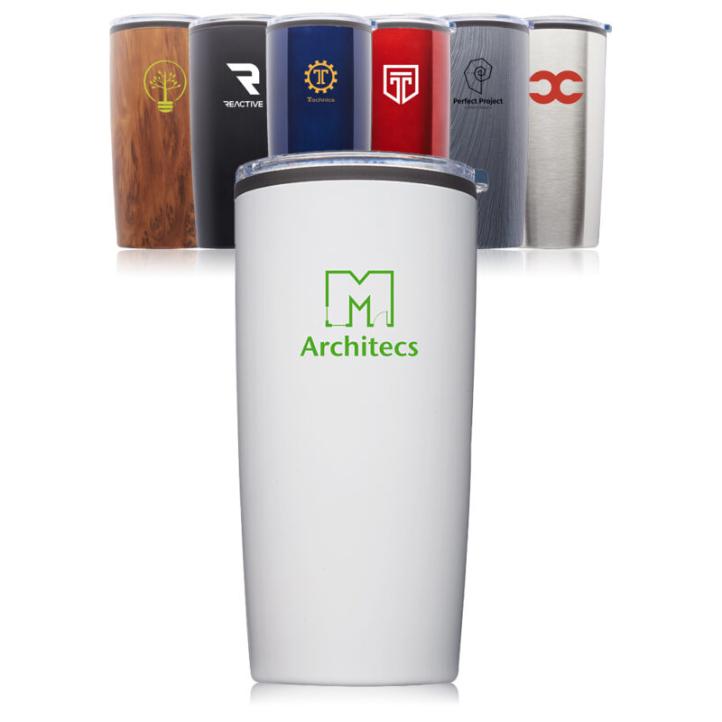 Custom 20 oz Glacier Stainless steel travel mug. Available Colors: Black, Blue, Rustic Gray, Wood, Red, Silver, and White