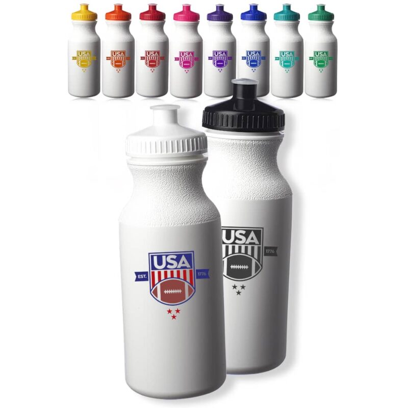 Custom White Water Bottle Bulk Colored Cap. Available Cap Colors: Black Cap, Blue Cap, Green Cap, Orange Cap, Red Cap, Pink Cap, Teal Cap, Violet Cap, White Cap, and Yellow Cap