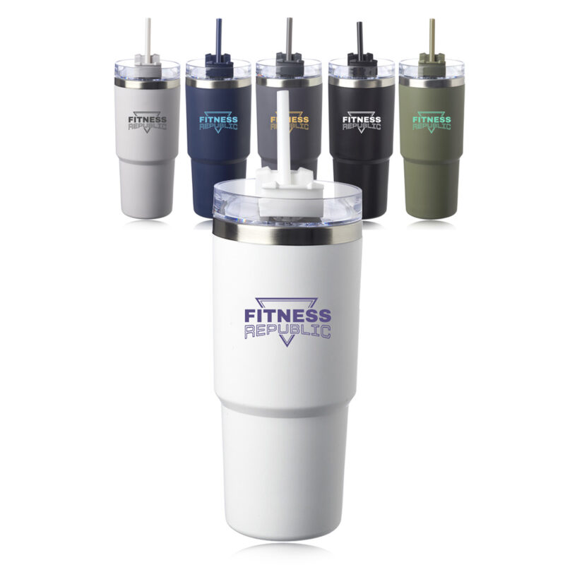 Custom 23 oz Matte Travel Tumbler Bulk with Straw. Available Colors: Black, Navy Blue, Charcoal, Army Green, Silver, and White