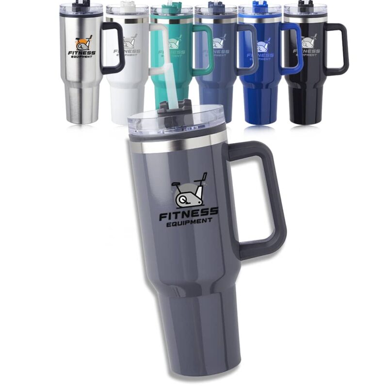 Custom 40 oz Hugo Travel Mug with Logo. Available colors: Black, Charcoal, Silver, White, Blue, Teal, Slate Blue.