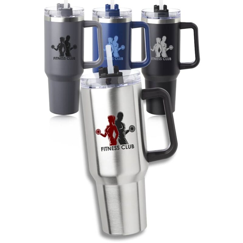 Custom 40 oz Alpine Travel Mug with Logo. Available colors: Black, Charcoal, Pink, Silver, Red, White, Navy, Tan, Slate.
