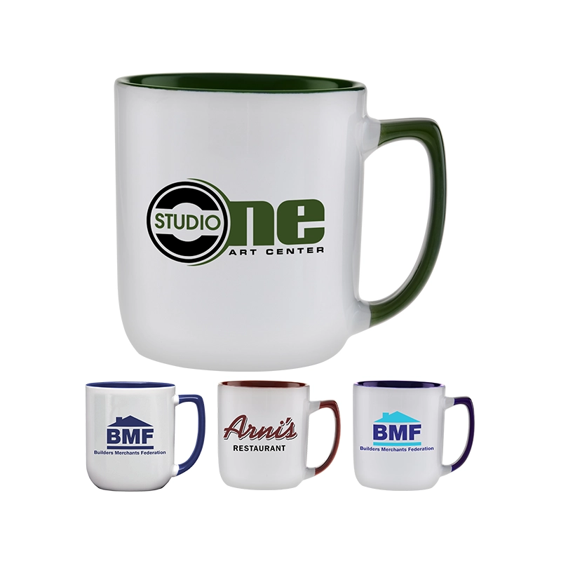 The 17 oz Duo-Tone Arlanda Ceramic Mug custom-printed in bulk, with color options: Black, Green, Blue, Maroon, Royal Blue.