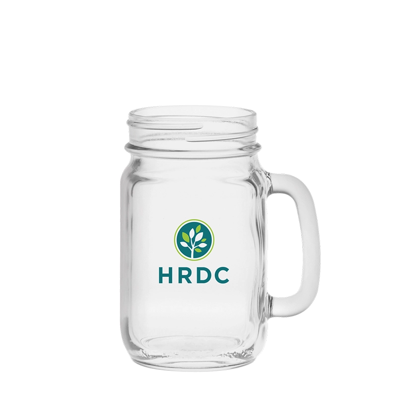 Branded 16 oz Handled Drinking Jar Mug Bulk with etched logo and thick handle.